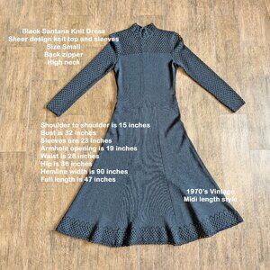 Vintage Black Santana Knit Dress, Sheer knit top & sleeves, Small, 1970s Midi
